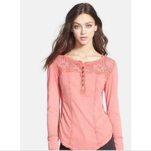 Free People Gold Coast Pink Henley Long Sleeves Blouse